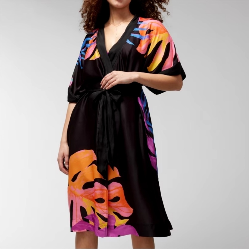 Soma Satin Black Midi Robe XS Paradise Palms Multicolor Short Sleeve Kimono